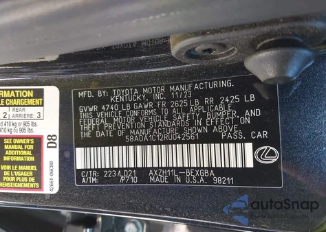 2024 Lexus Es 300H from USA, damaged, VIN 58ADA1C12RU042561
